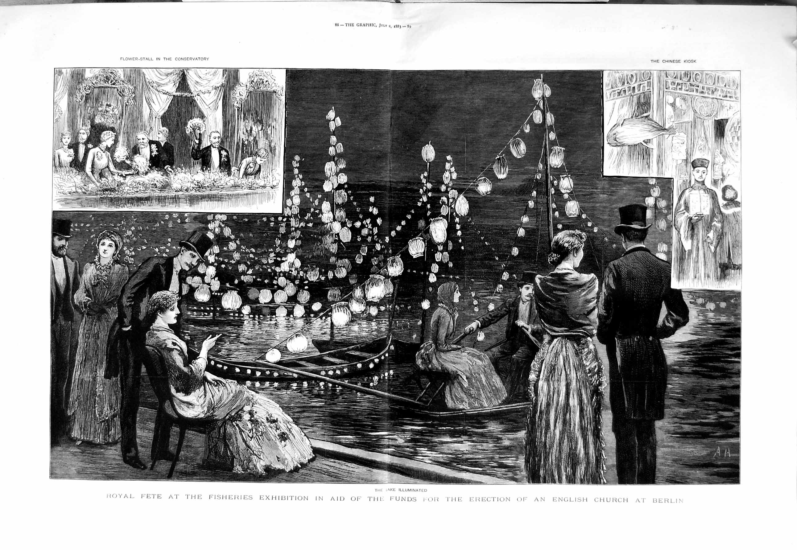 Antique Old Print 1883 Royal Fete Fisheries Exhibition Church Berlin Lake 0 19th