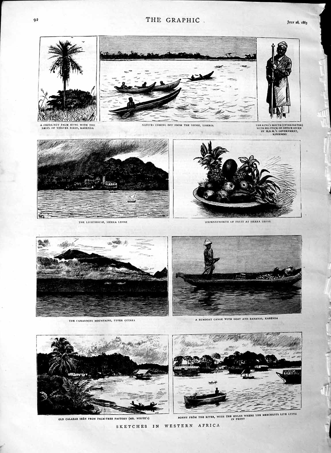 Original Old Antique Print 1883 Africa Calabar Bumboat Canoe Camaroons Guinea