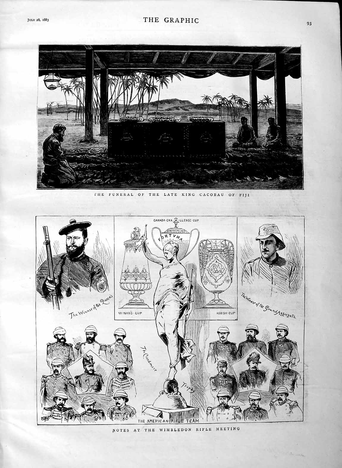 Old Antique Print 1883 Funeral King Cacobau Fiji Wilmbledon Rifle Meeting 19th