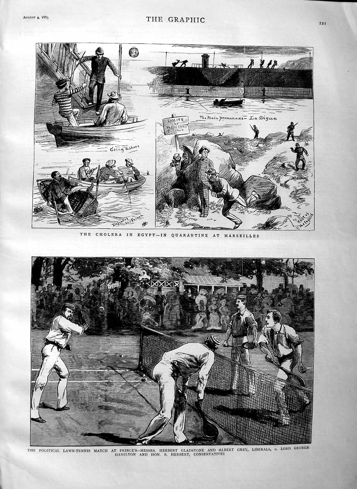 Original Old Antique Print 1883 Cholera Egypt Lawn Tennis Gladstone Grey H 19th