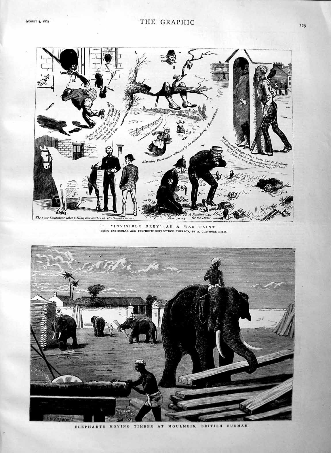 Old Antique Print 1883 Elephants Timber Moulmein British Burmah War Paint 19th
