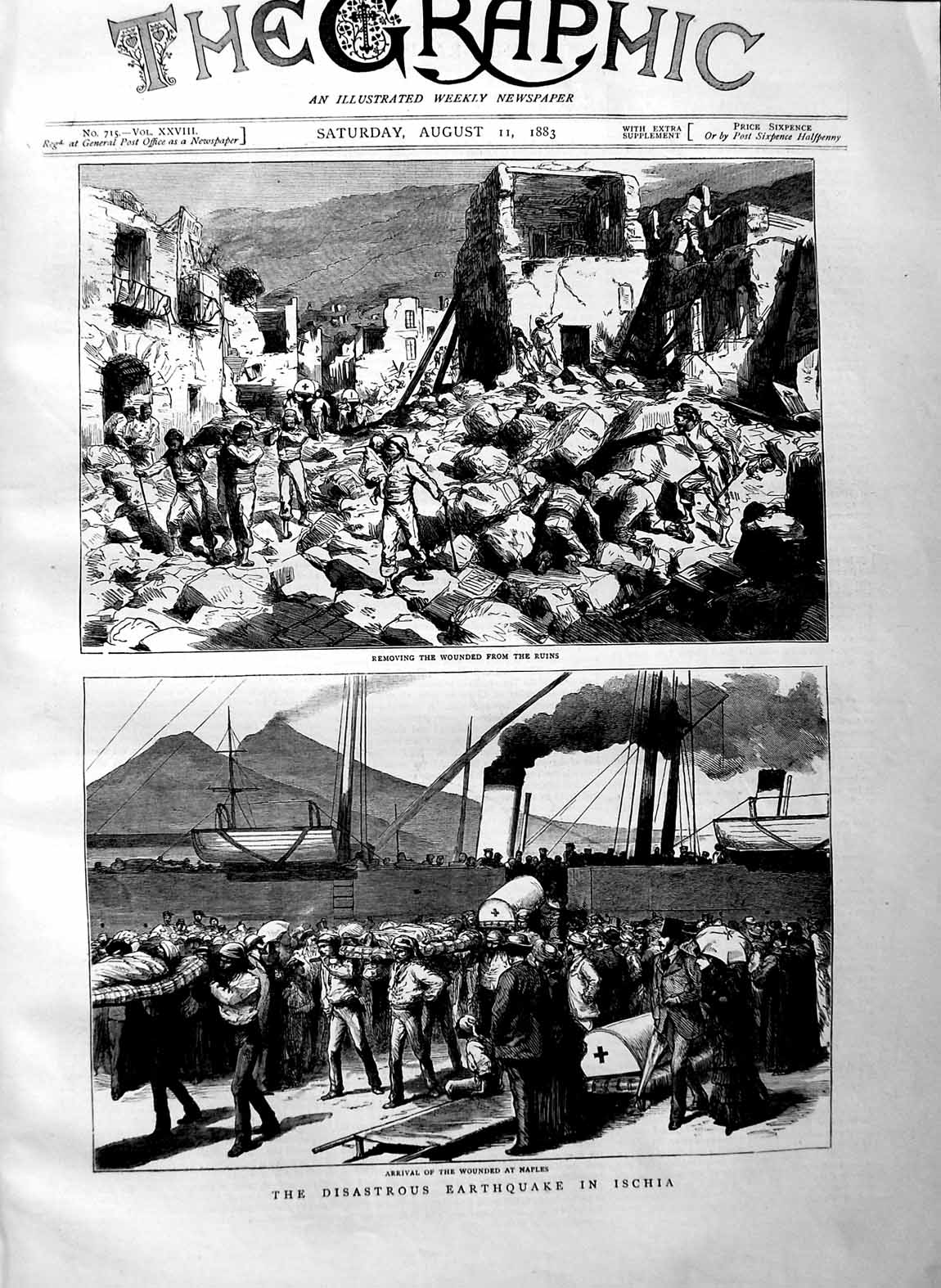 Original Old Antique Print 1883 Earthquake Ischia Wounded People Naples Ship