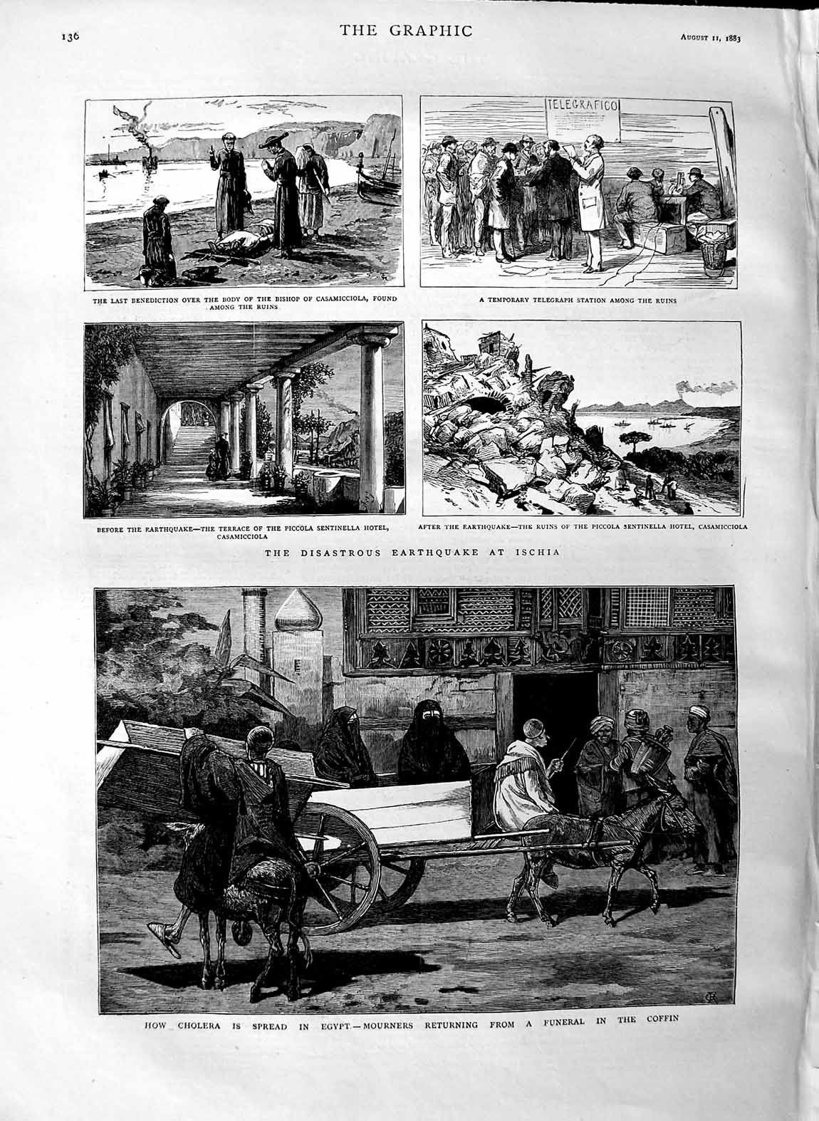 Original Old Antique Print 1883 Choler Egypt Mourners Funeral Earthquake 19th