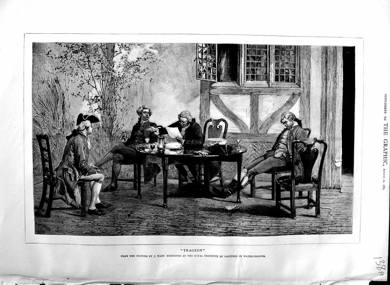 Original Old Antique Print 1883 Nash Fine Art Men Table Chairs Meeting Tragedy
