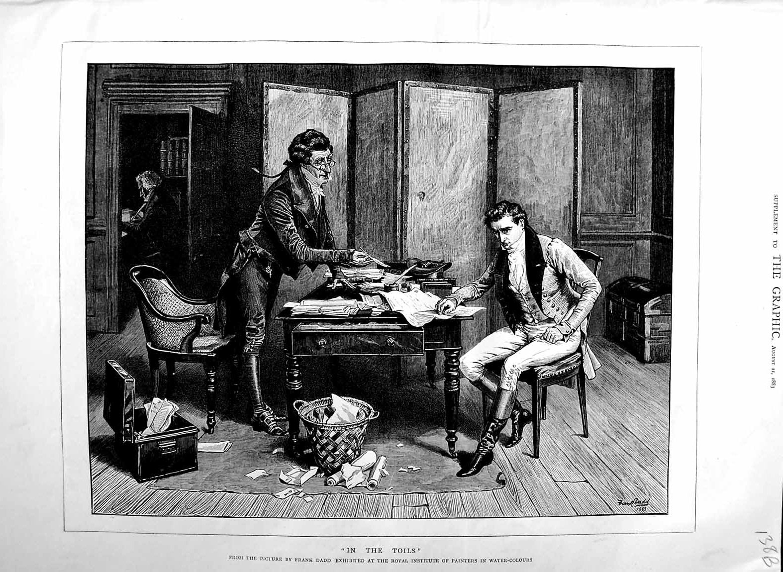 Original Old Antique Print 1883 Frank Dadd Fine Art Men Table Writing Chair 19th