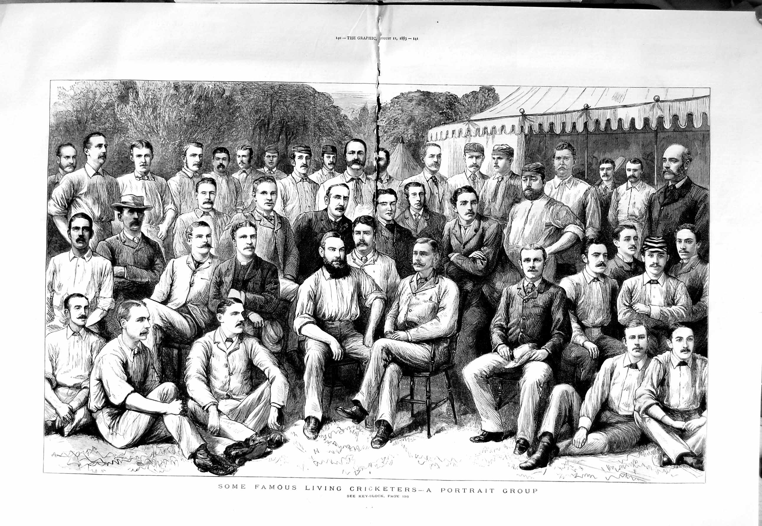 Original Old Antique Print 1883 Portrait Famous Cricketers Men SportVictorian