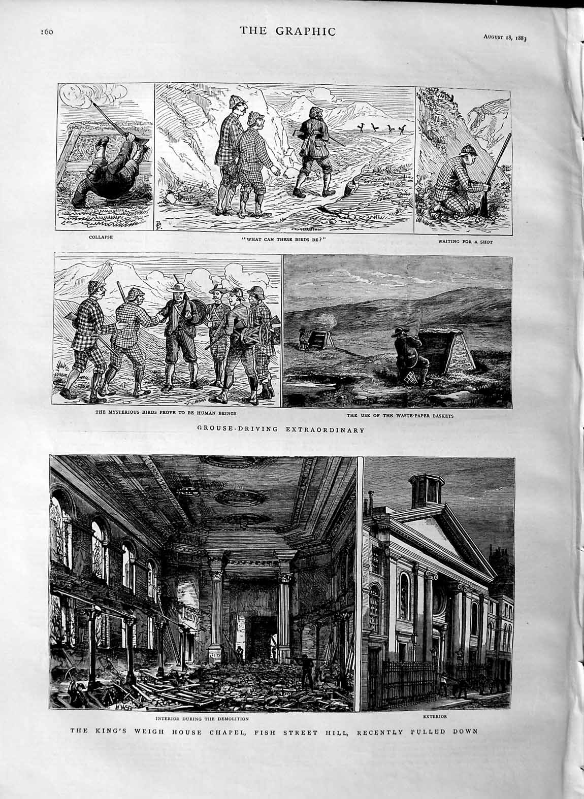 Original Old Antique Print 1883 King'S Weigh House Chapel Hill Grouse Hunting