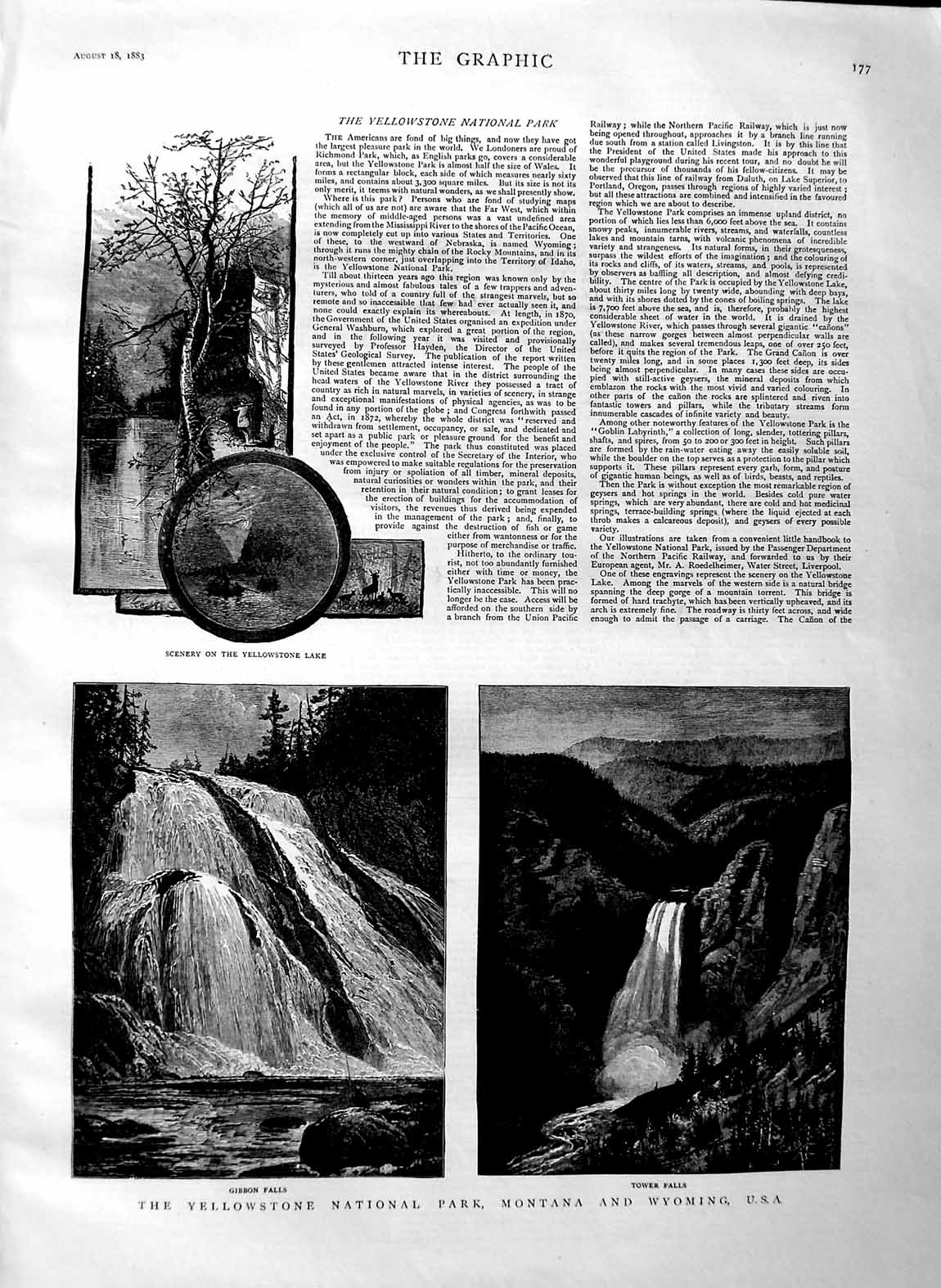 Old Antique Print 1883 Yellowstone National Park Montana Wyoming America 19th