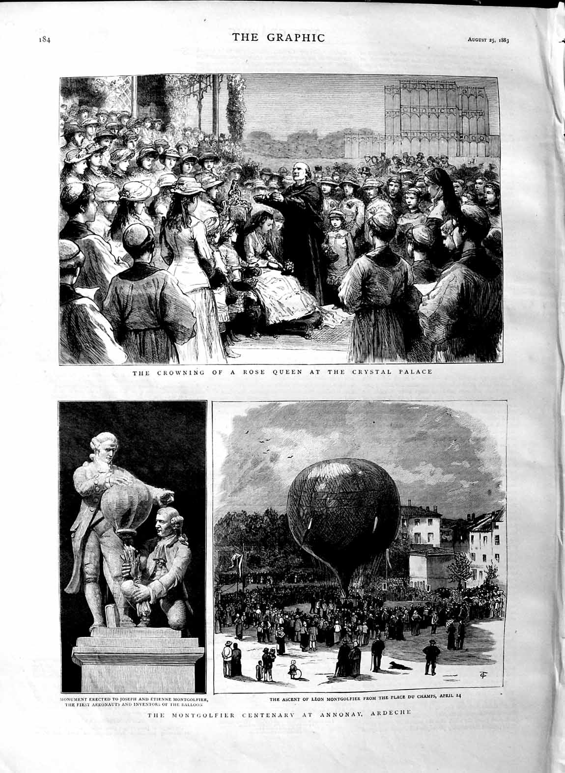 Original Old Antique Print 1883 Rose Queen Crystal Montgolfier Annonay Ardeche