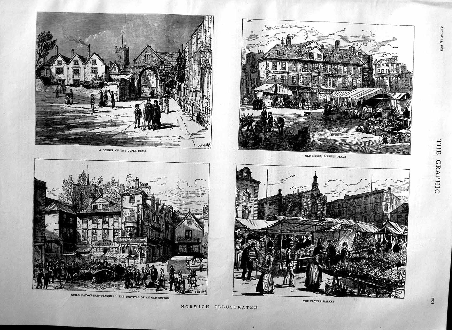 Original Old Antique Print 1883 Norwich Flower Market Place Guild Hall Snap 19th