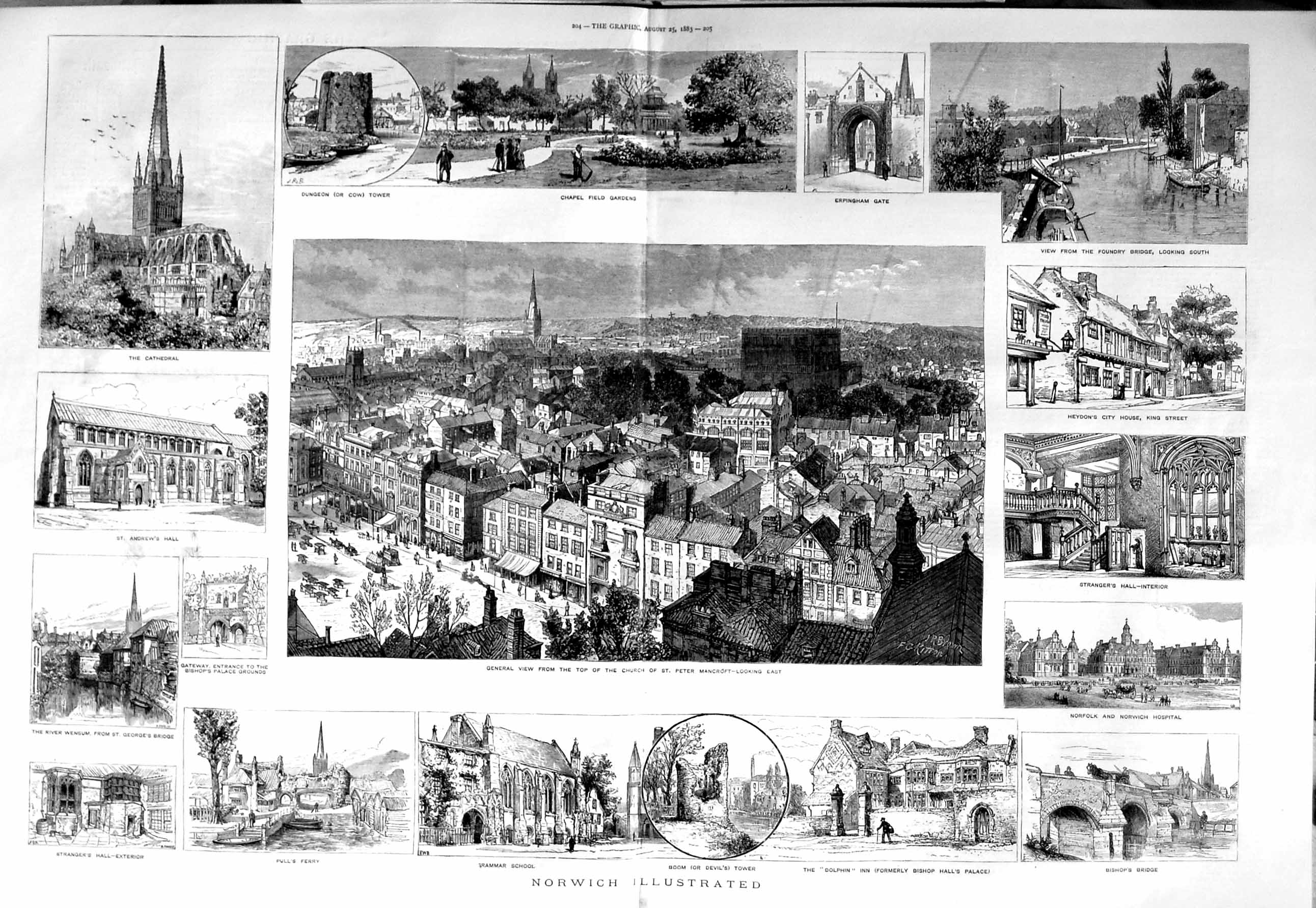 Old Antique Print 1883 Norwich Church St. Peter School Erpingham Heydon 19th