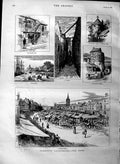 Original Old Antique Print 1883 Yarmouth Market Place Tower Hall Quay Victorian