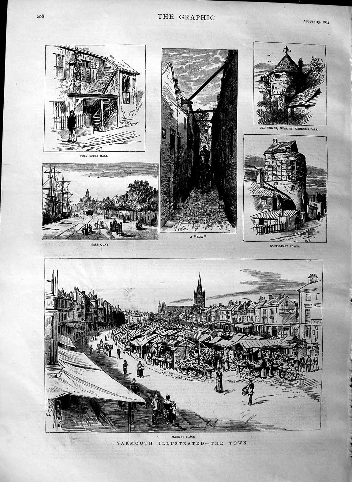 Original Old Antique Print 1883 Yarmouth Market Place Tower Hall Quay Victorian