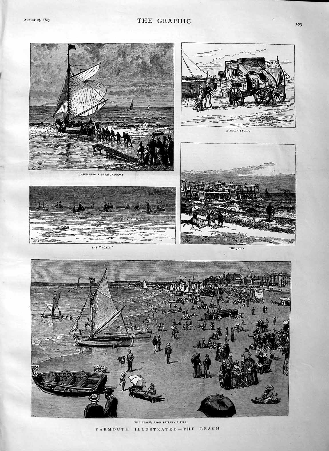 Old Antique Print 1883 Yarmouth Beach Britannia Pier Jetty Pleasure Boat 19th