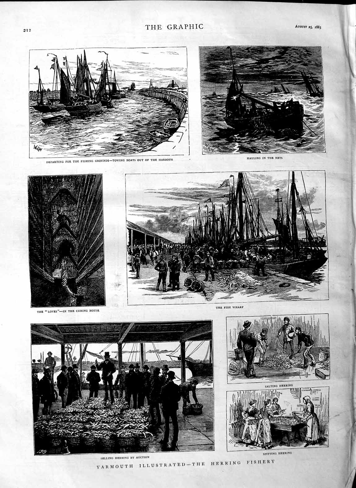 Old Antique Print 1883 Yarmouth Herring Fishery Wharf Harbour Boats Nets 19th