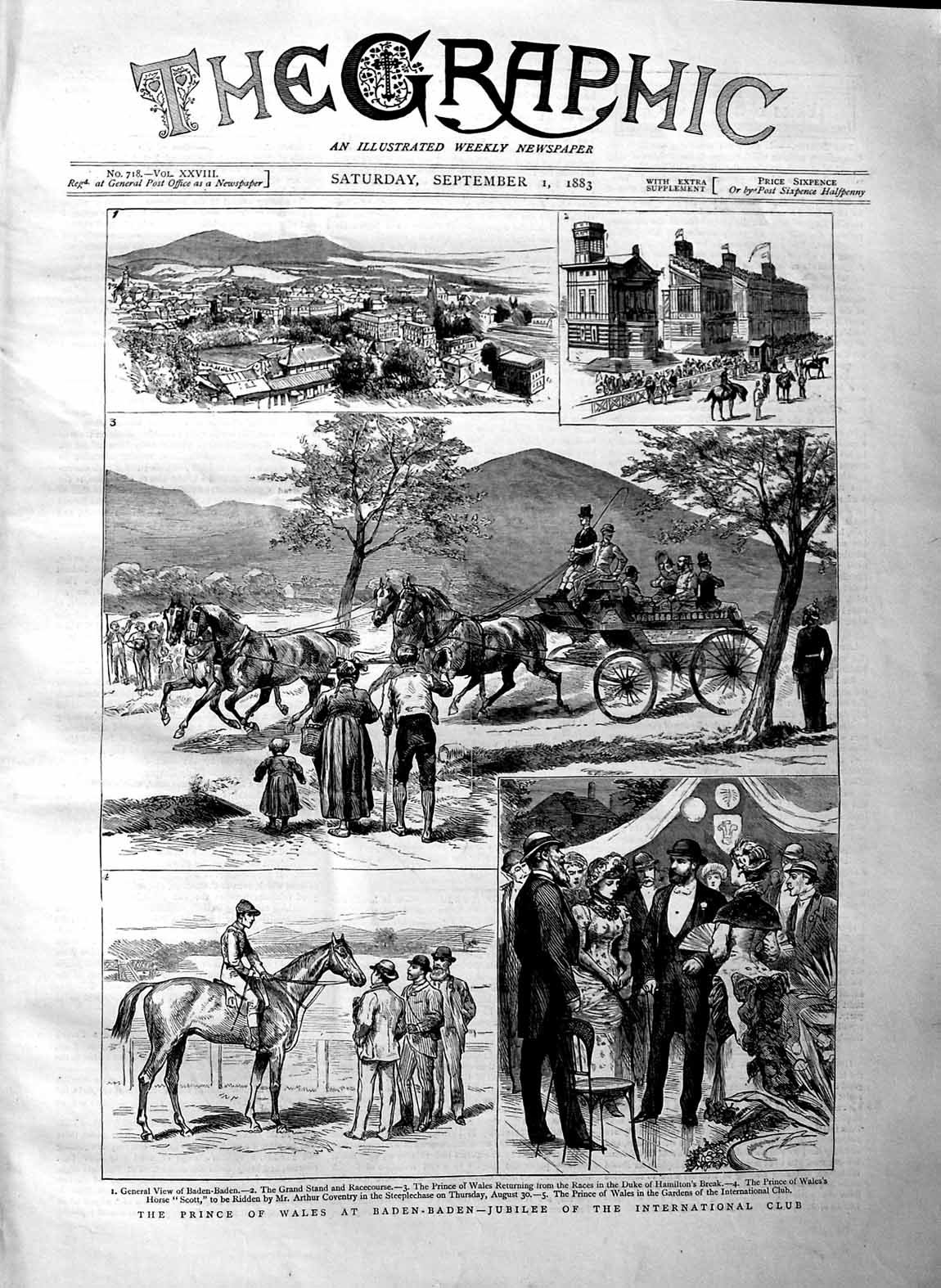 Original Old Antique Print 1883 Prince Wales Baden-Baden Horse Racecourse Club