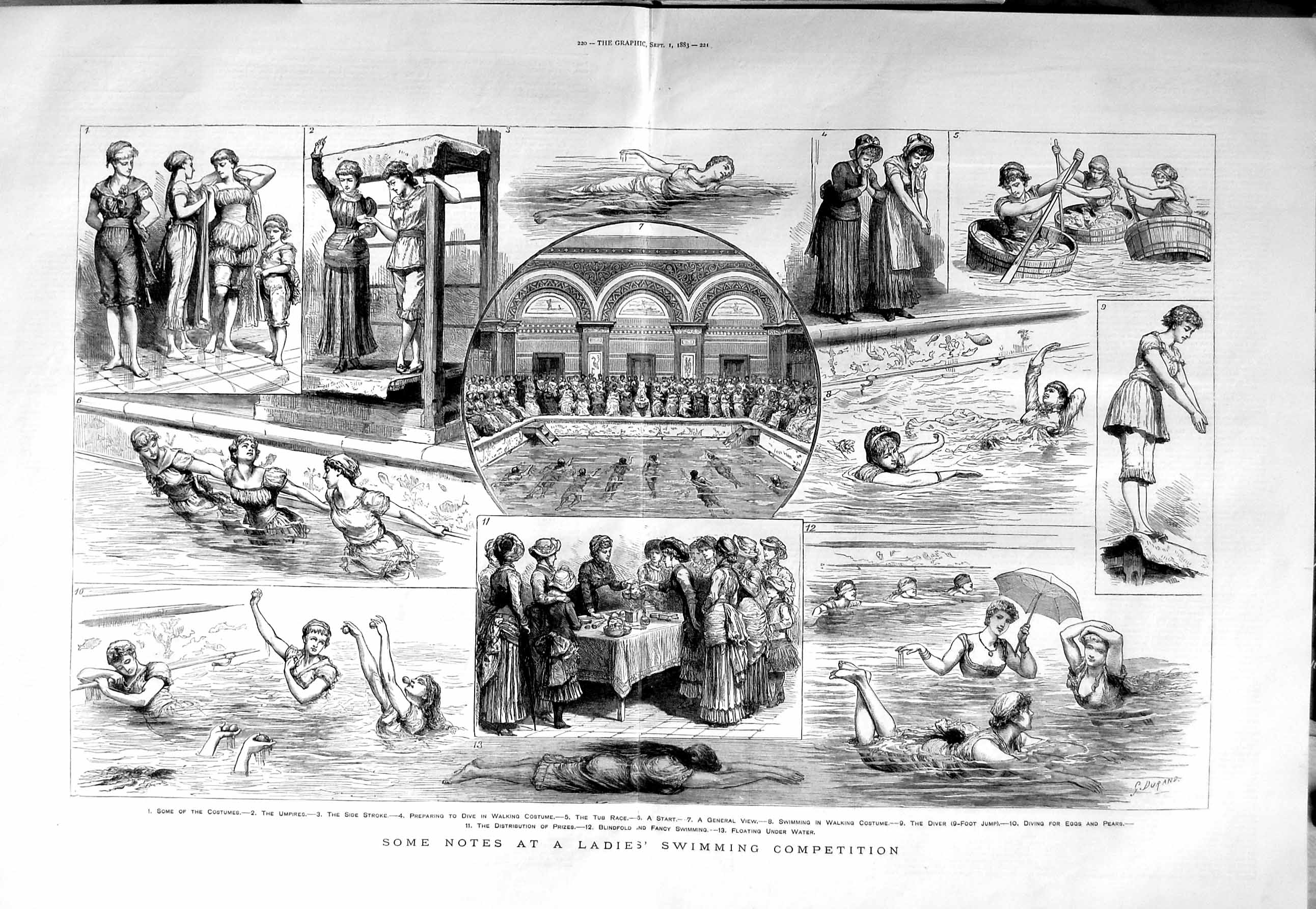 Original Old Antique Print 1883 Ladies Swimming Competition Costume Victorian