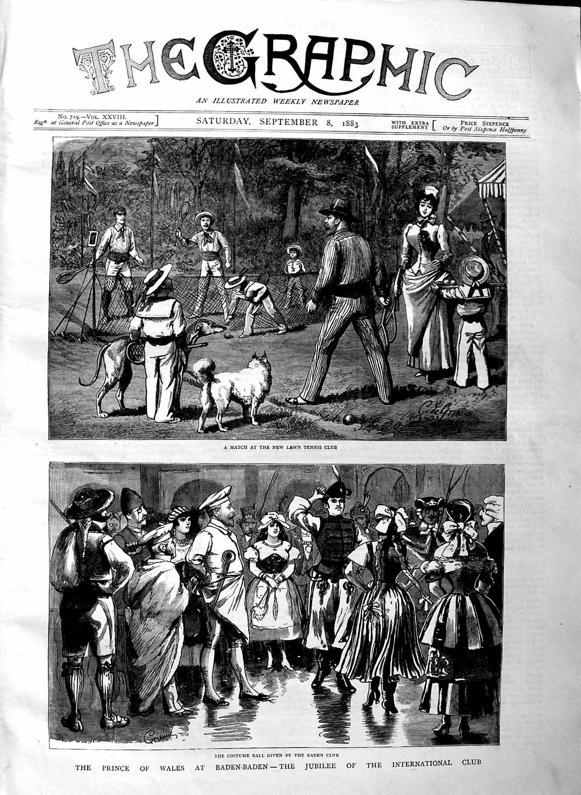 Old Antique Print 1883 Prince Wales Bade-Baden Costume Ball Tennis Club 19th