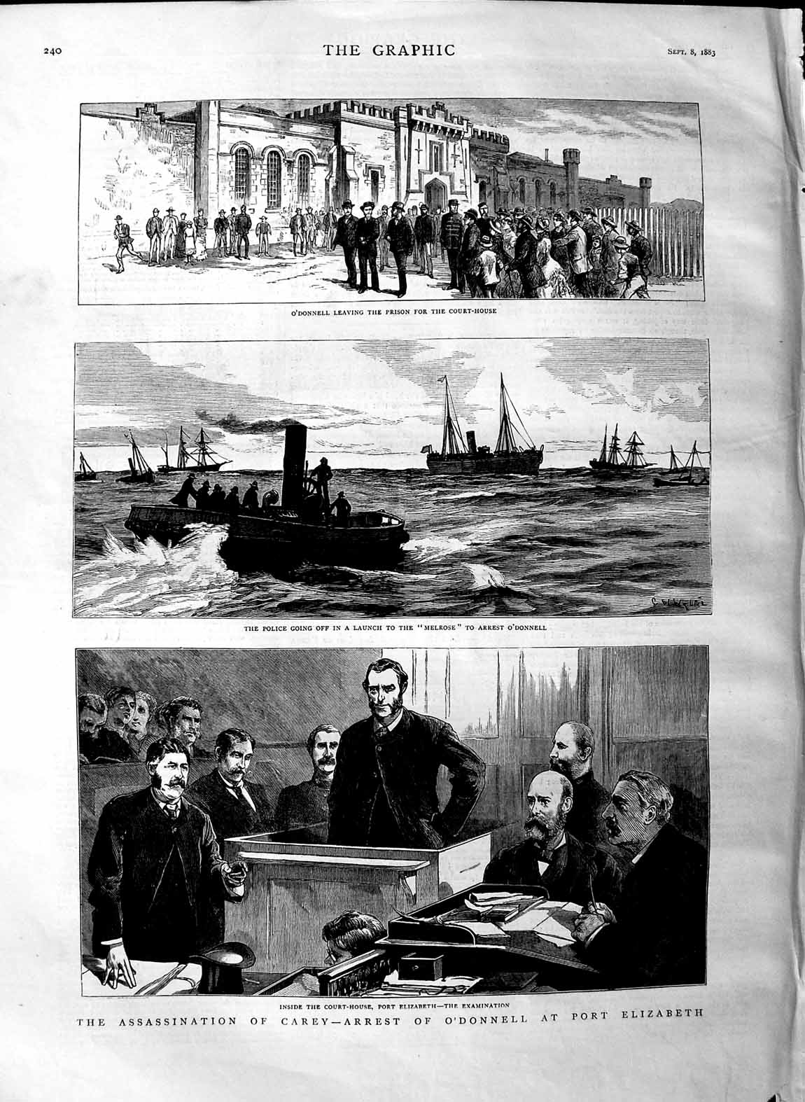 Old Antique Print 1883 Assassination Carey O'Donnell Port Elizabeth Boats 19th