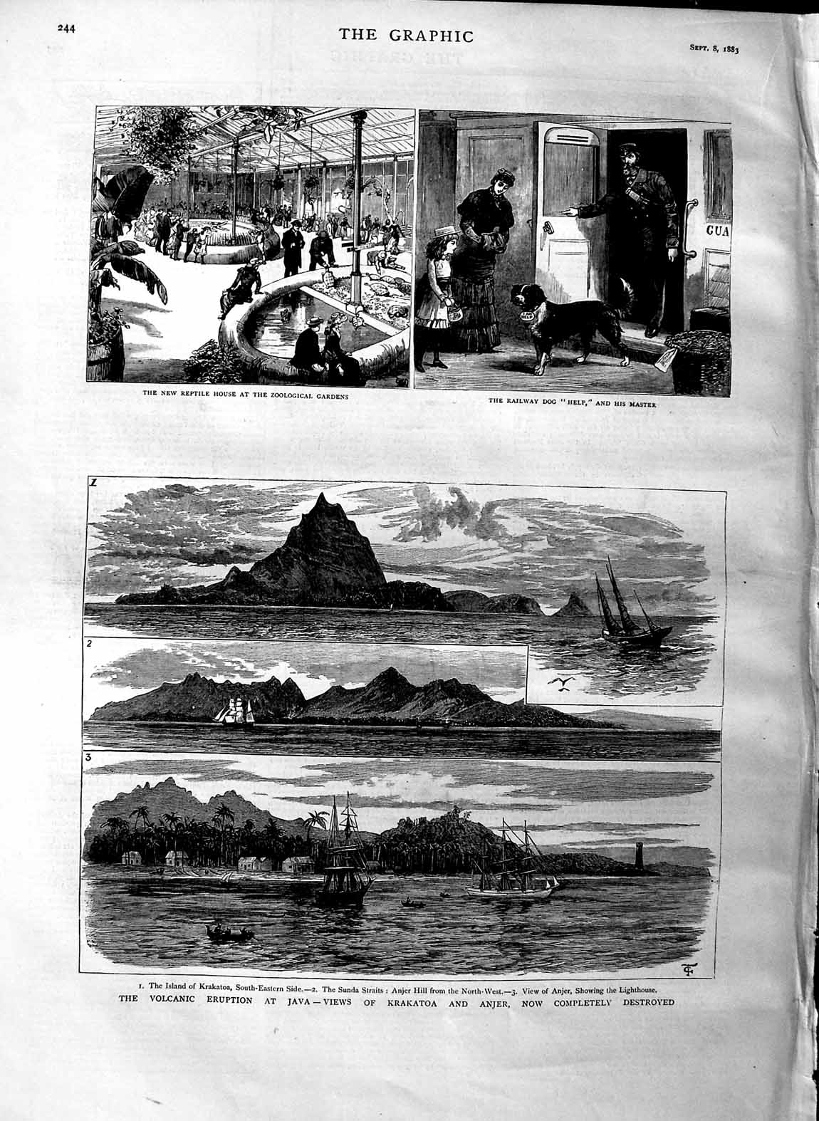 Original Old Antique Print 1883 Volcano Java Krakatoa Anjer Ships Railway 19th