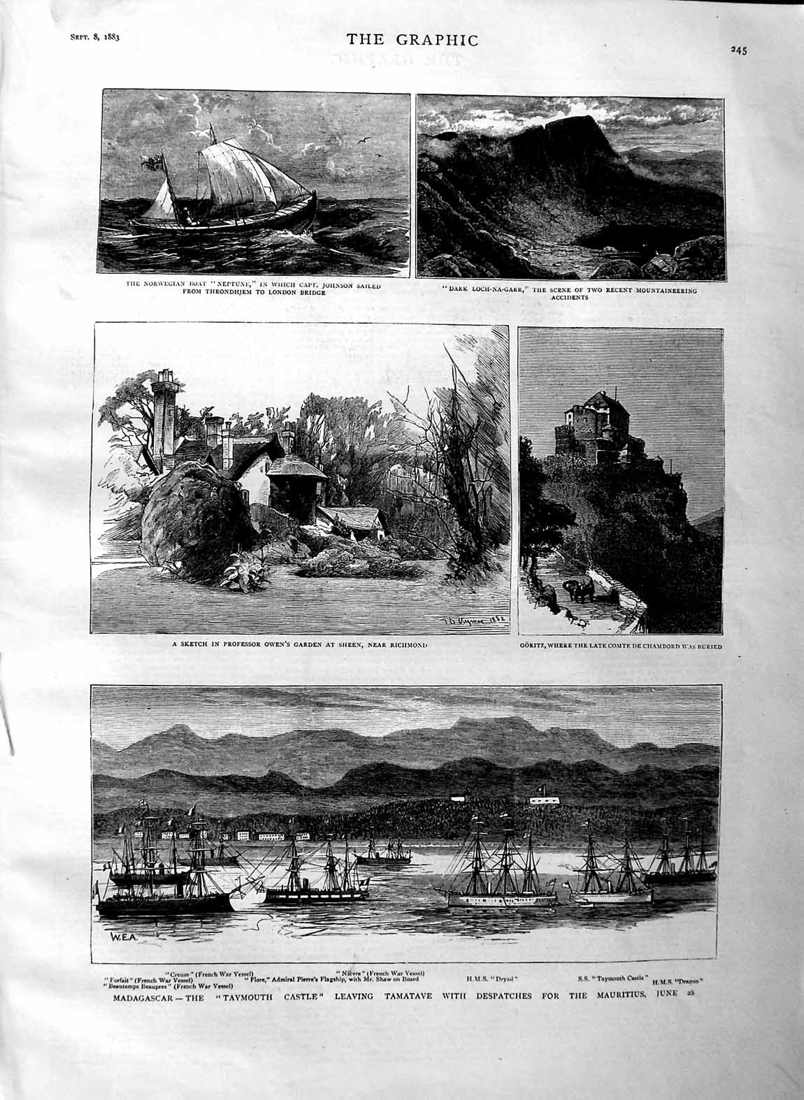 Original Old Antique Print 1883 Madagascar Taymouth Castle Professor Owen 19th