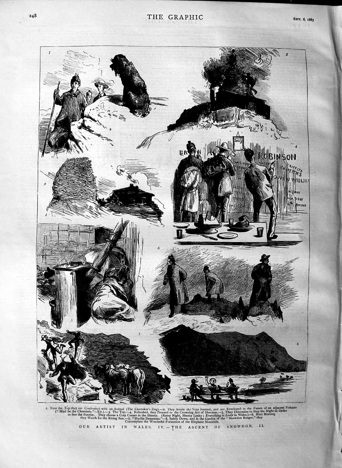 Old Antique Print 1883 Wales Ascent Snowdon Mountain Dog Horse Elephant 19th