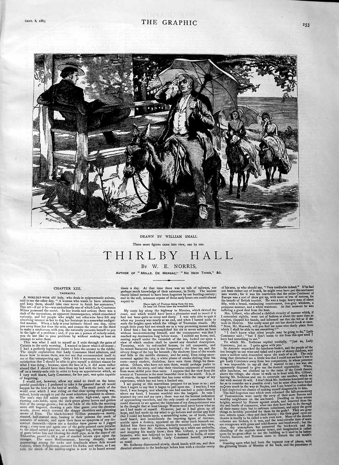 Old Antique Print 1883 Illustration Story Thirlby Hall Man Ladies Horses 19th