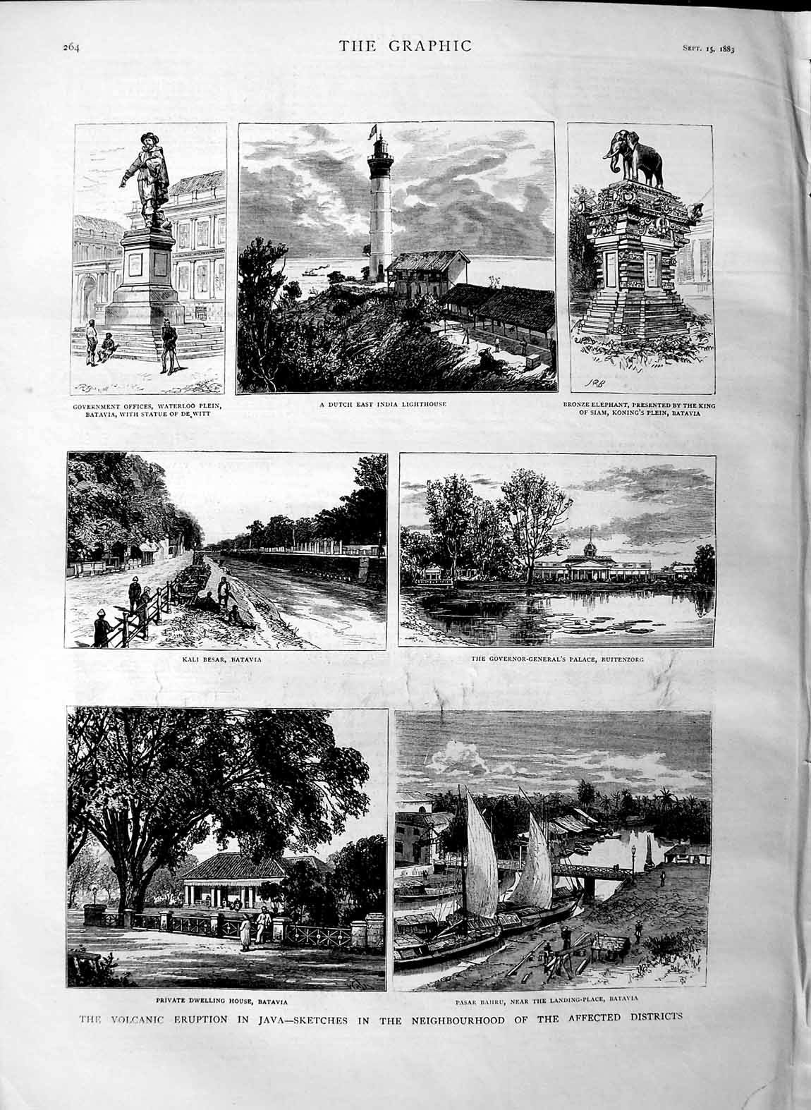 Old Antique Print 1883 Volcano Java Batavia Lighthouse Buitenzorg Palace 19th