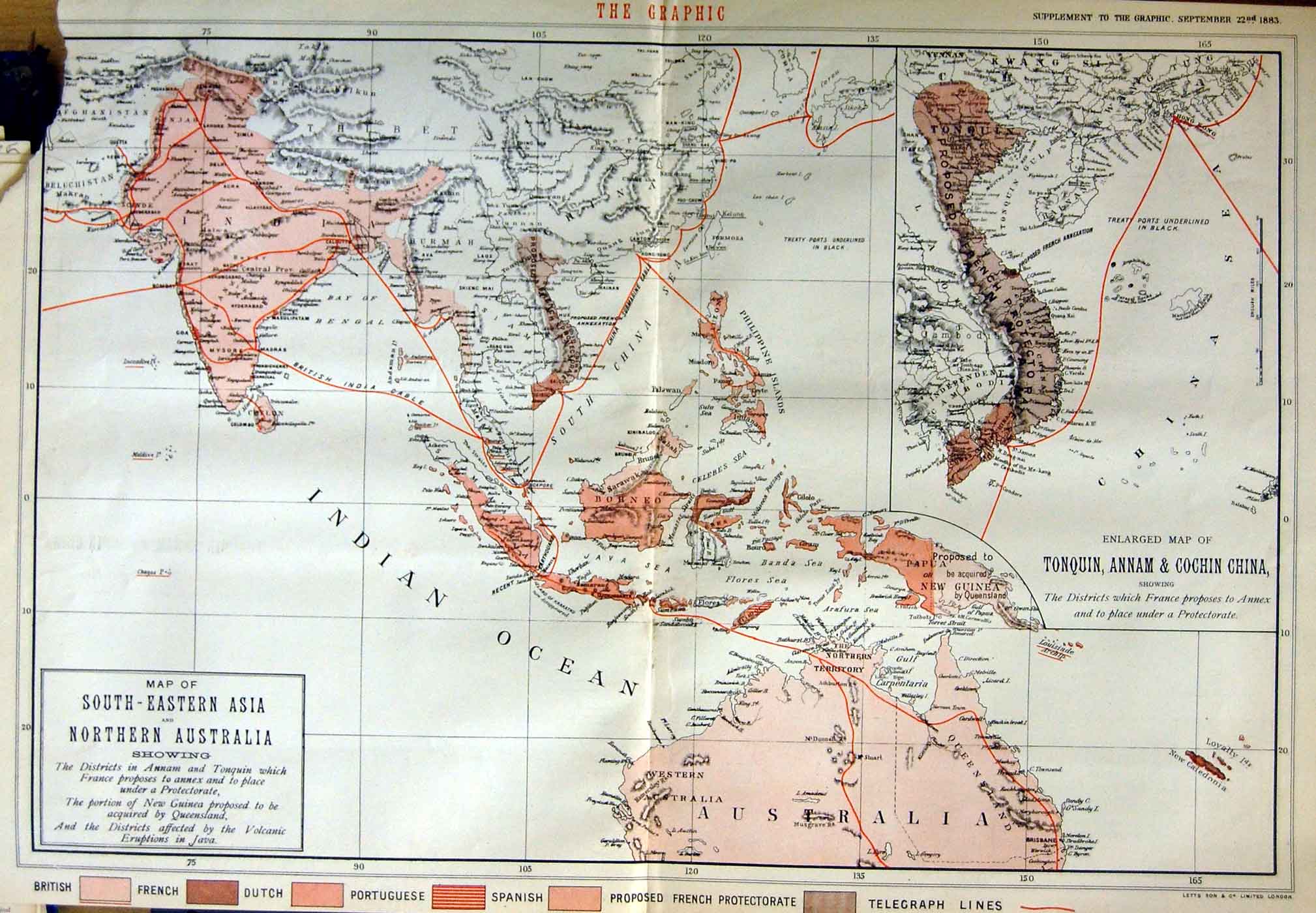 Original Old Antique Print 1883 Map South Eastern Asia Australia Tonqui 19th