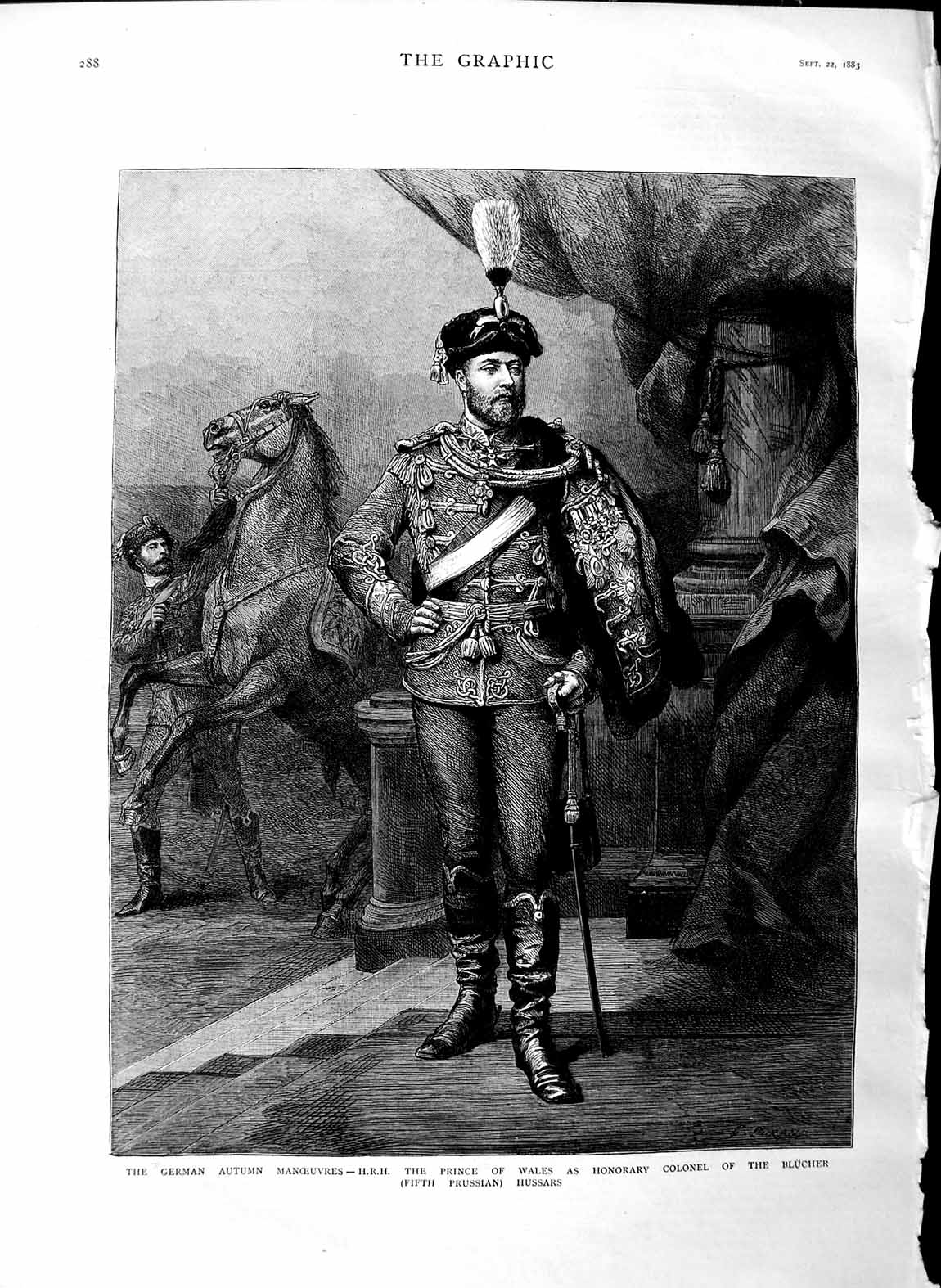 Original Old Antique Print 1883 Prince Wales Honorary Colonel Blucher Hussars