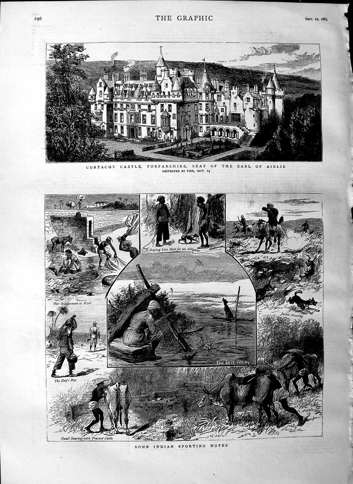 Old Antique Print 1883 Cortachy Castle Forfarshire Airlie India Hunting 19th