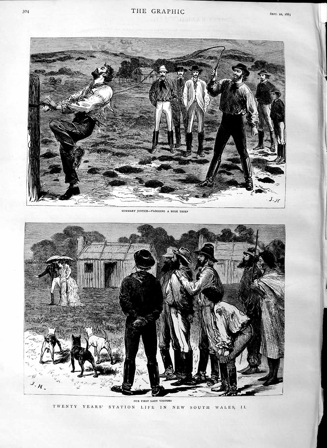 Original Old Antique Print 1883 New South Wales Australia Flogging Bush Thief
