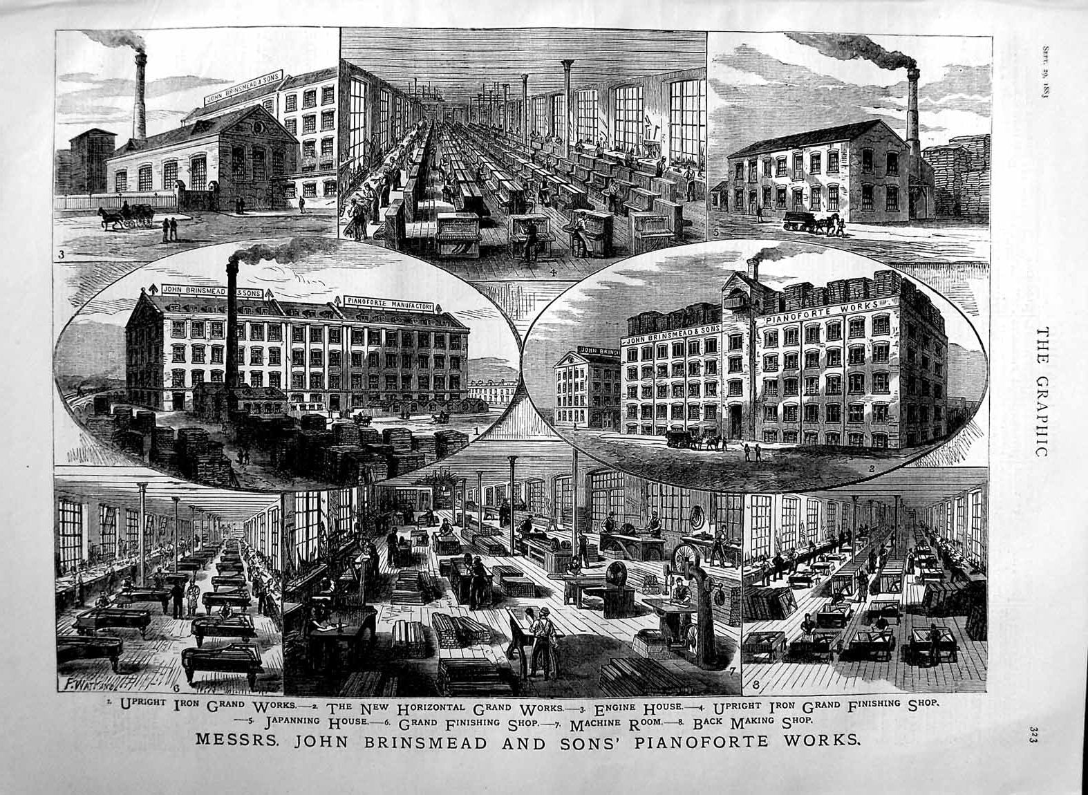 Original Old Antique Print 1883 John Brinsmead Pianoforte Works Manufacturing