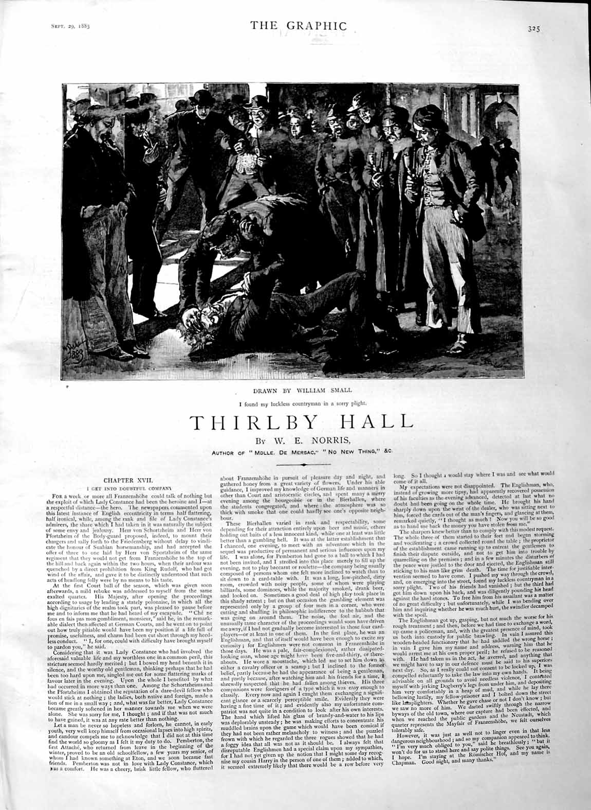 Original Old Antique Print 1883 Illustration Story Thirlby Hall Men Fighting