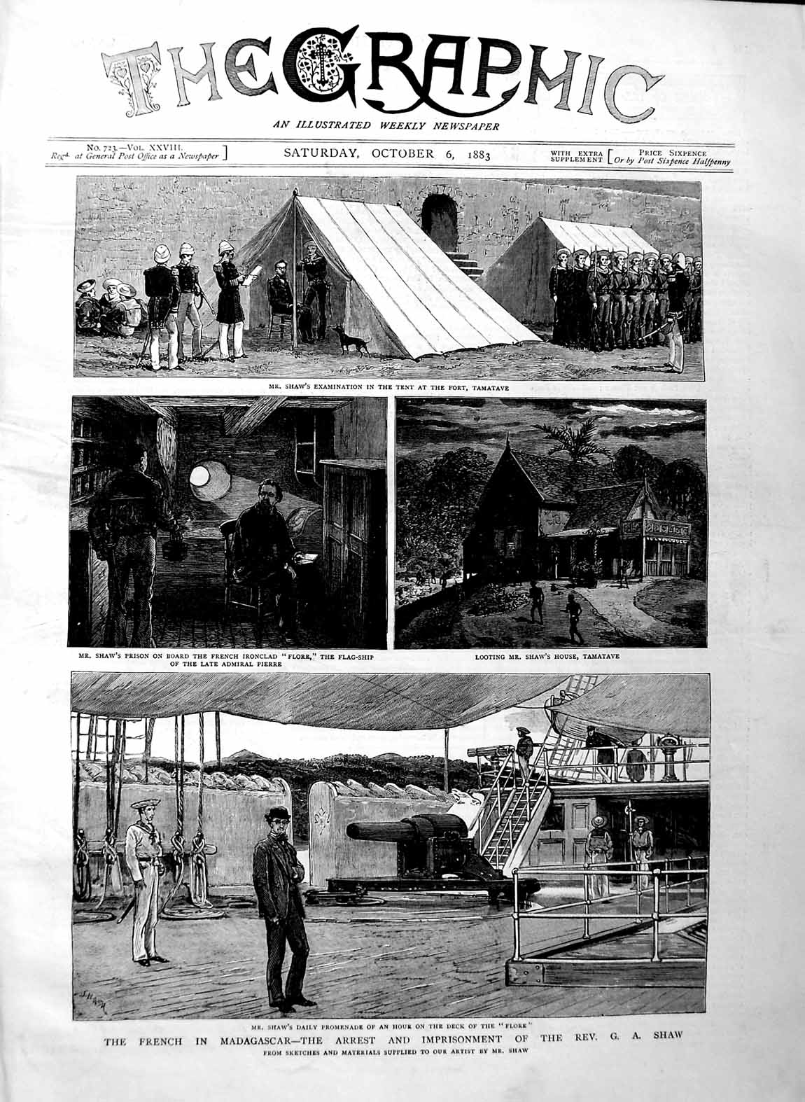 Original Old Antique Print 1883 Madagascar Arrest Shaw Fort Tamatave Flore Ship