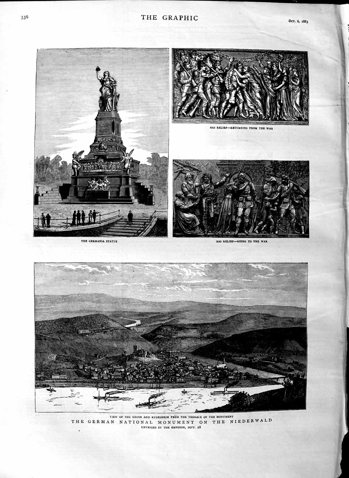 Original Old Antique Print 1883 German National Monument Niederwald Bas Relief