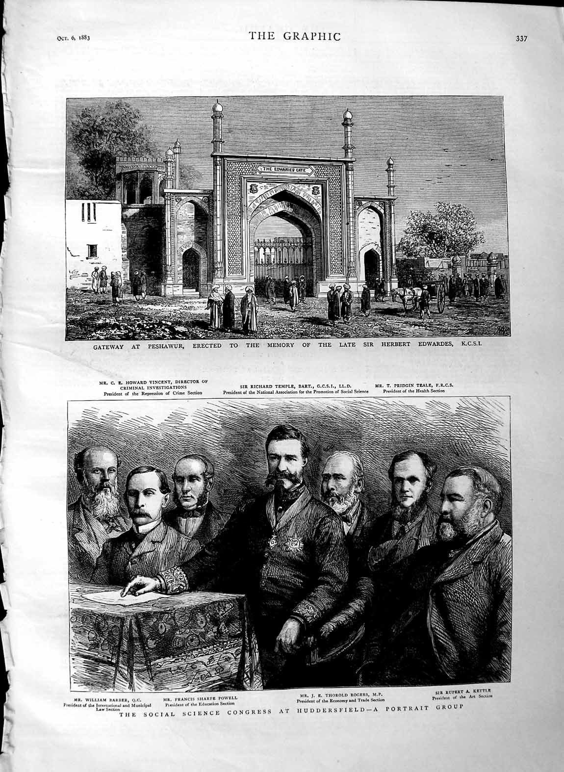 Original Old Antique Print 1883 Science Congress Huddersfield Peshawur Edwardes
