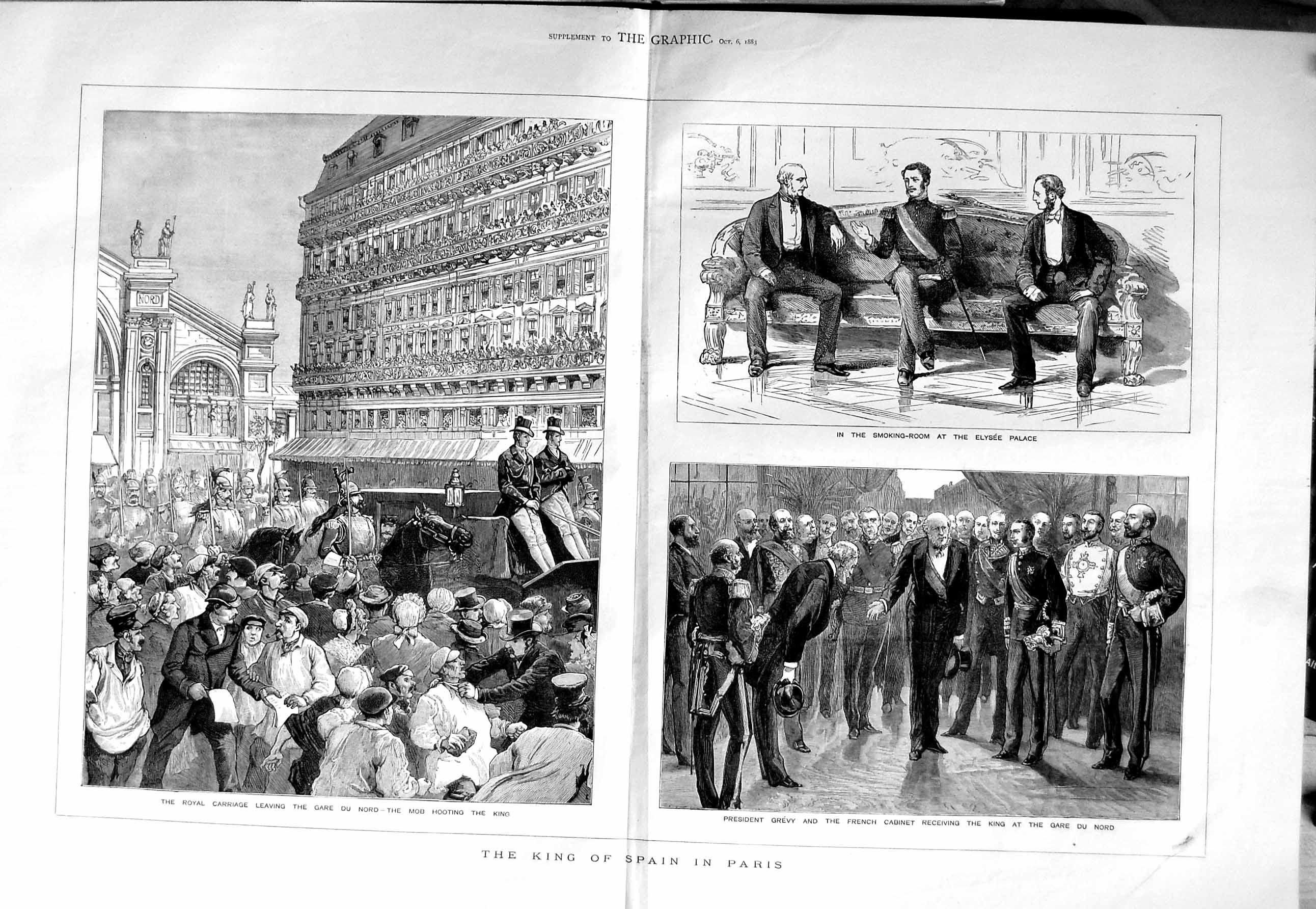 Old Antique Print 1883 King Spain Paris Gare Du Nord Elysee Grevy Elysee 19th