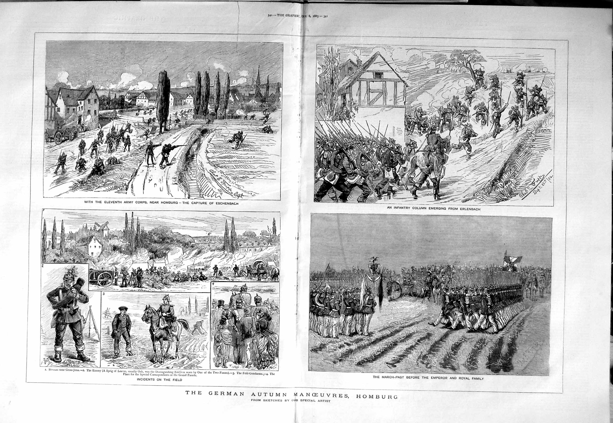 Original Old Antique Print 1883 German Siers Manouvres Homburg Erlenbach 19th