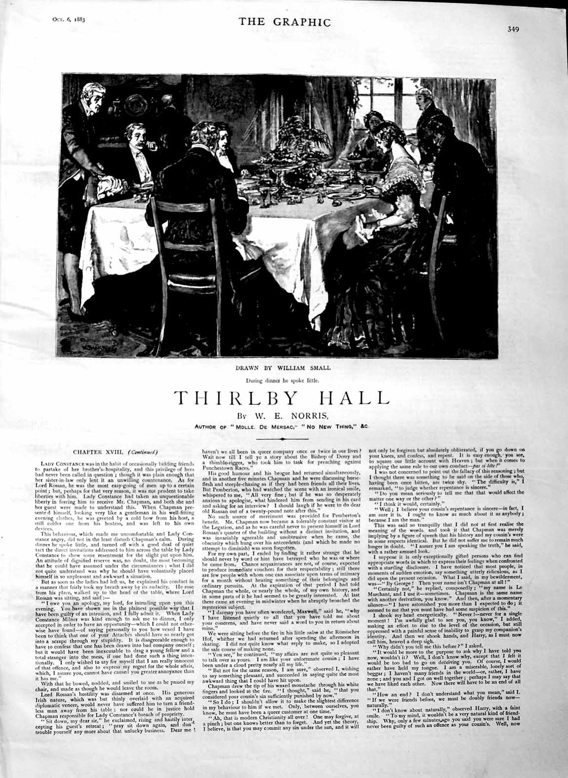 Old Antique Print 1883 Illustration Story Thirlby Hall Dinner Norris Art 19th