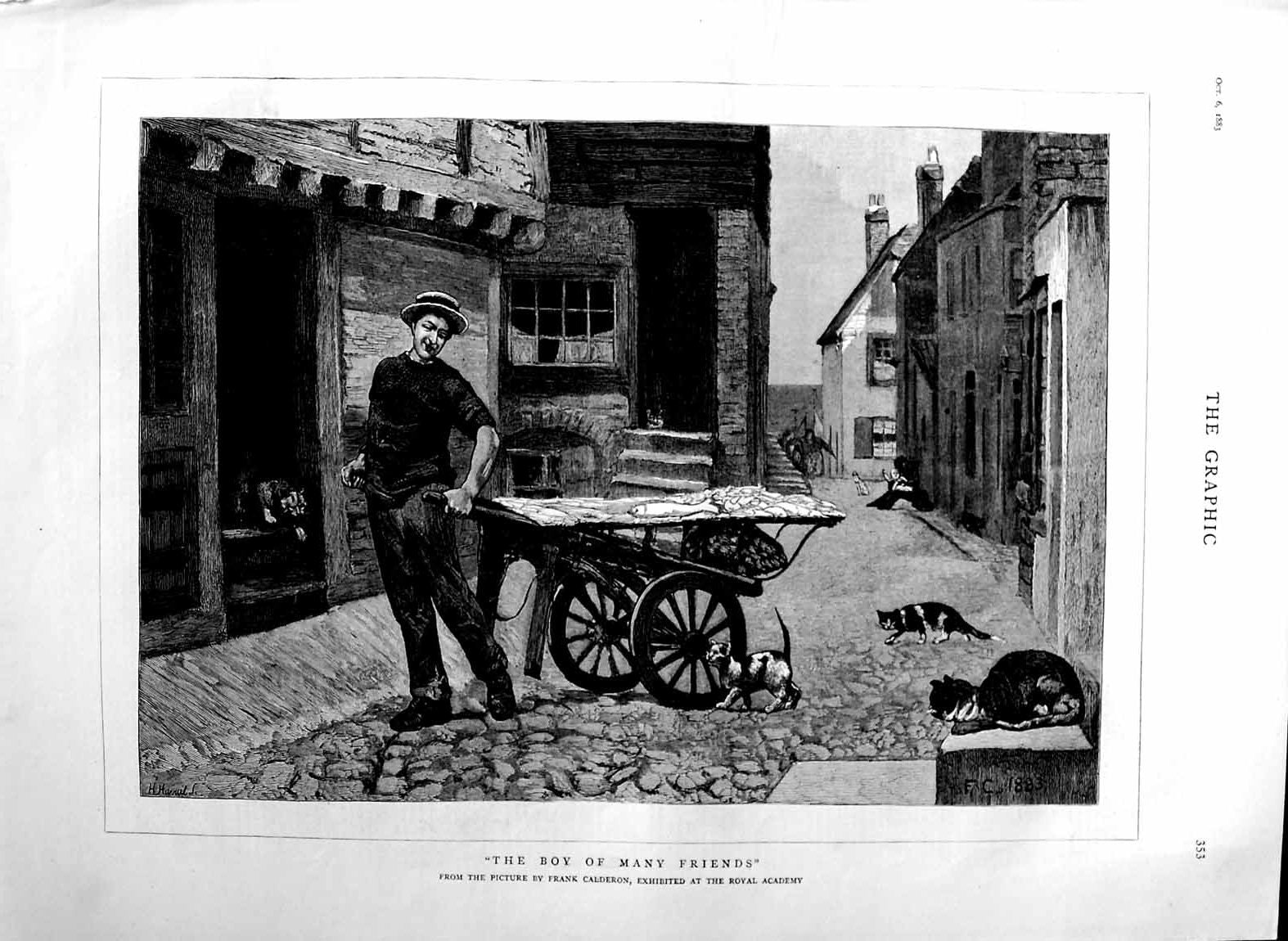 Old Antique Print 1883 Fish Salesman Cart Street Cats Fine Art Calderon 19th