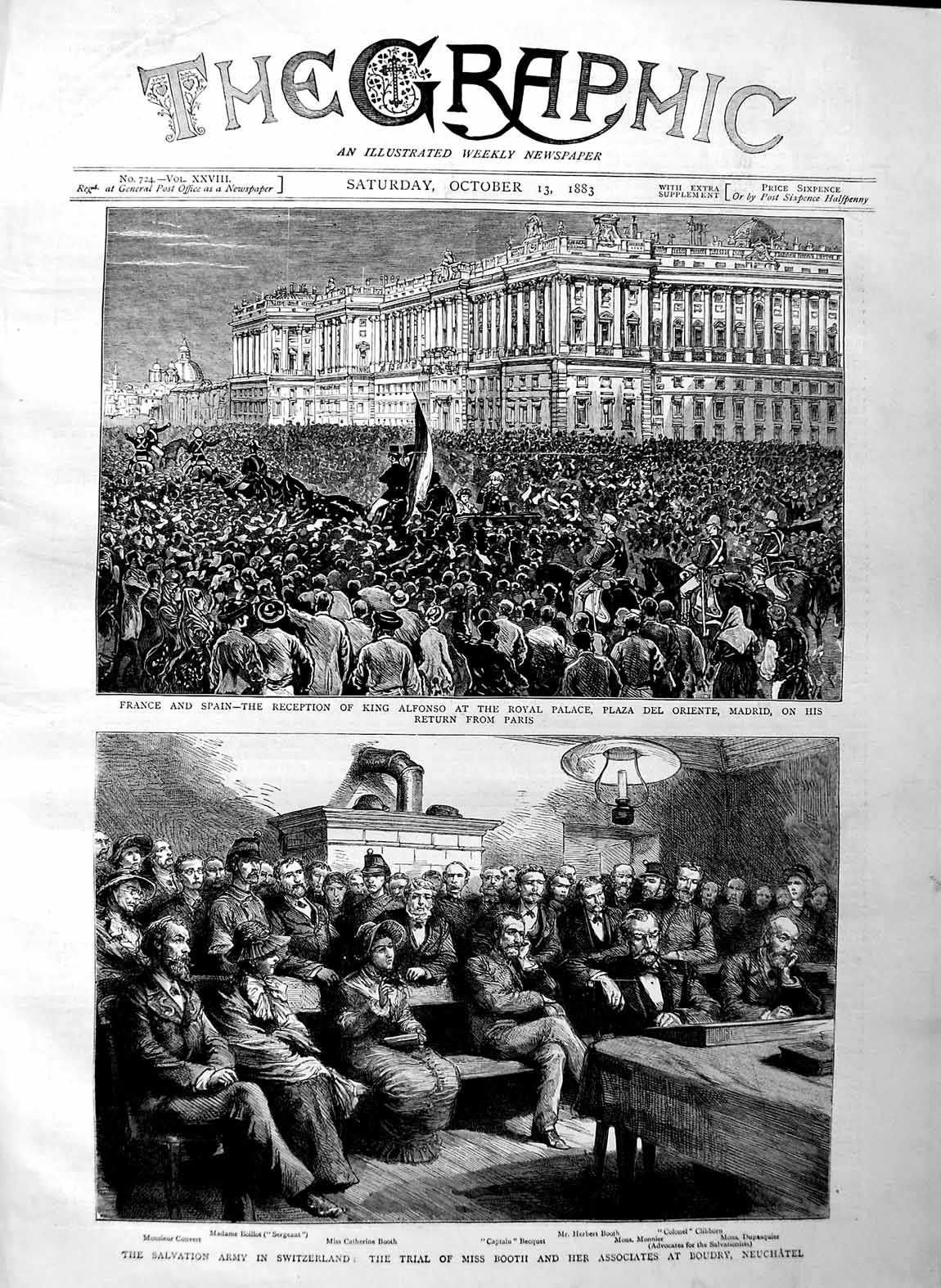 Original Old Antique Print 1883 Salvation Army Switzerland Booth Palace Madrid