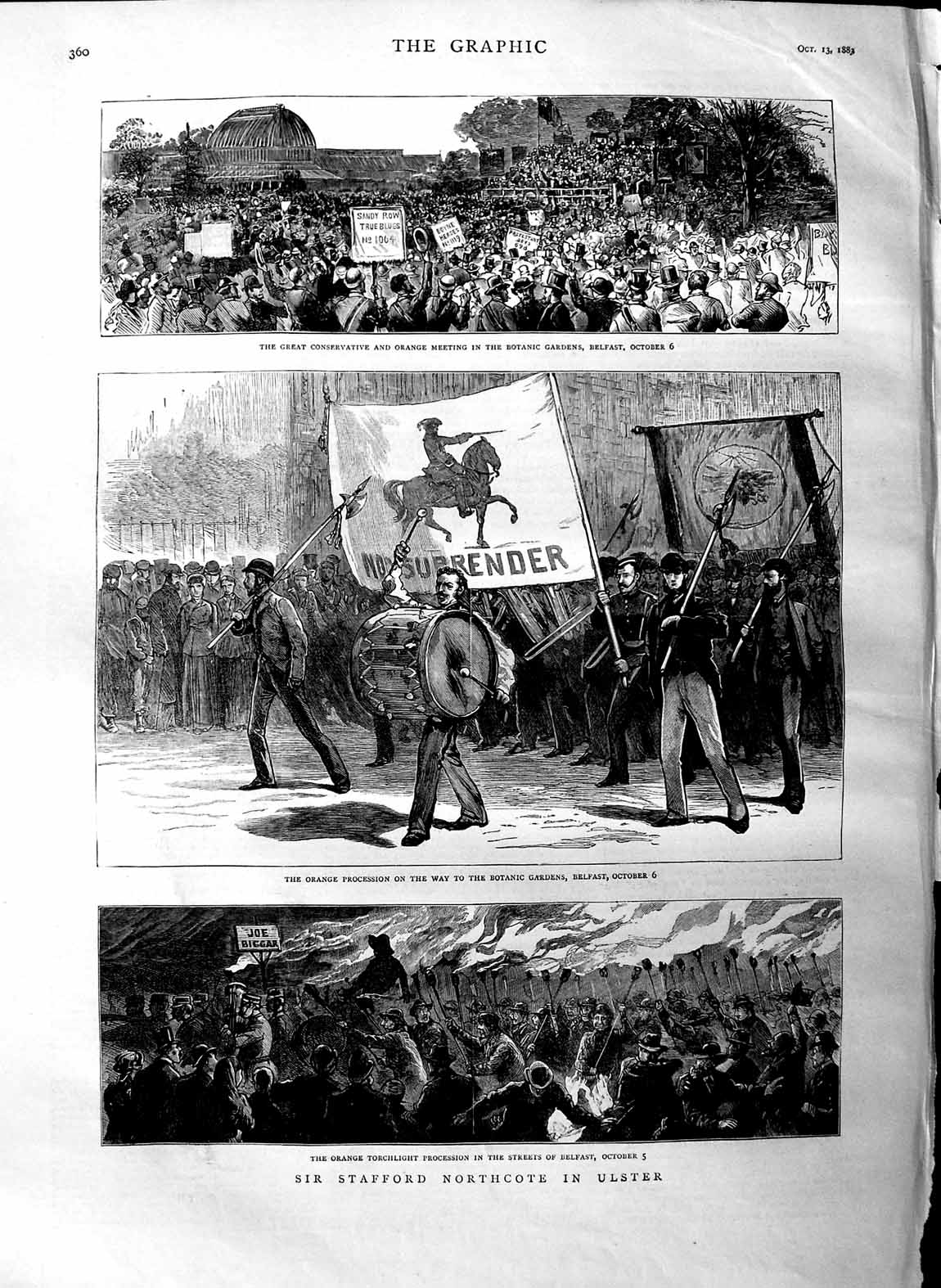 Old Antique Print 1883 Stafford Northcote Ulster Orange Botanic Belfast 19th