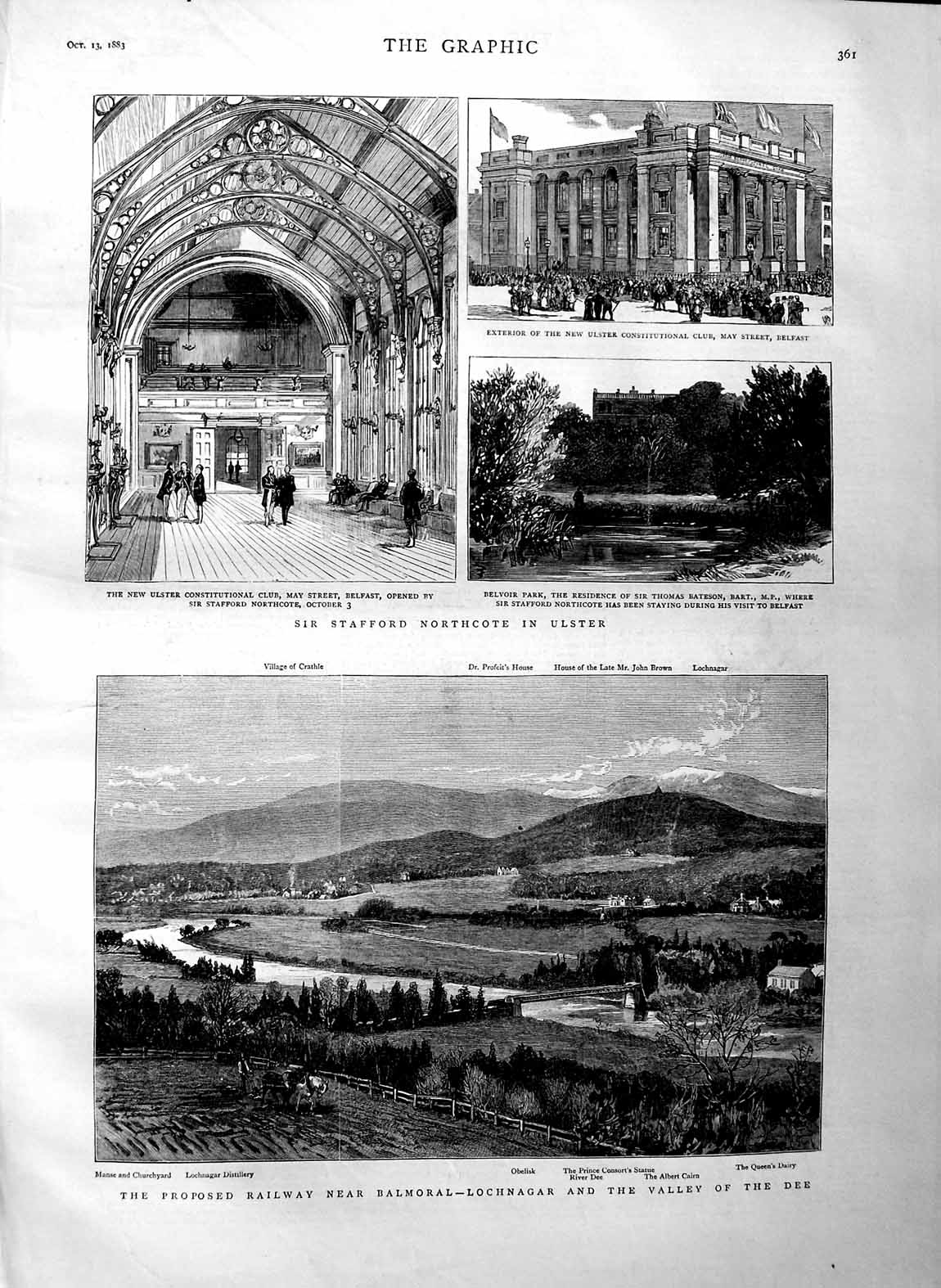 Original Old Antique Print 1883 Railway Balmoral Lochnagar Dee Northcote Ulster