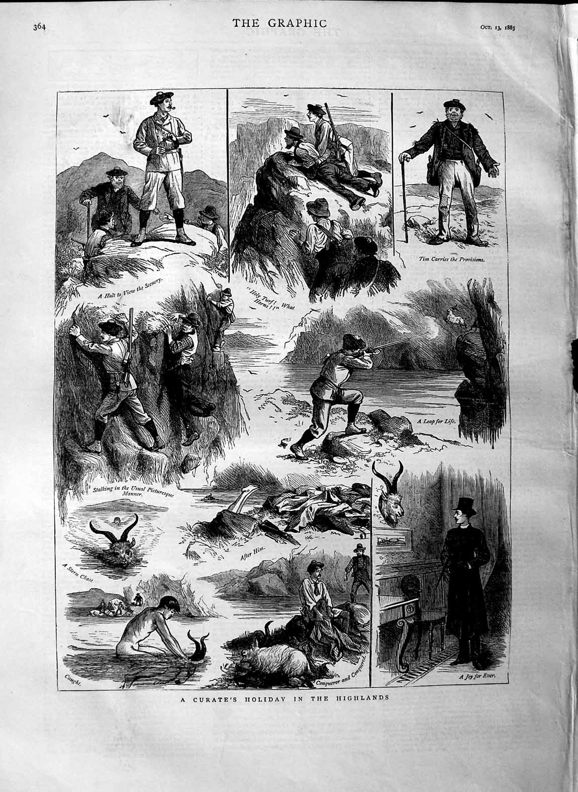 Original Old Antique Print 1883 Curate Holiday Highlands Scotland Hunting Sport