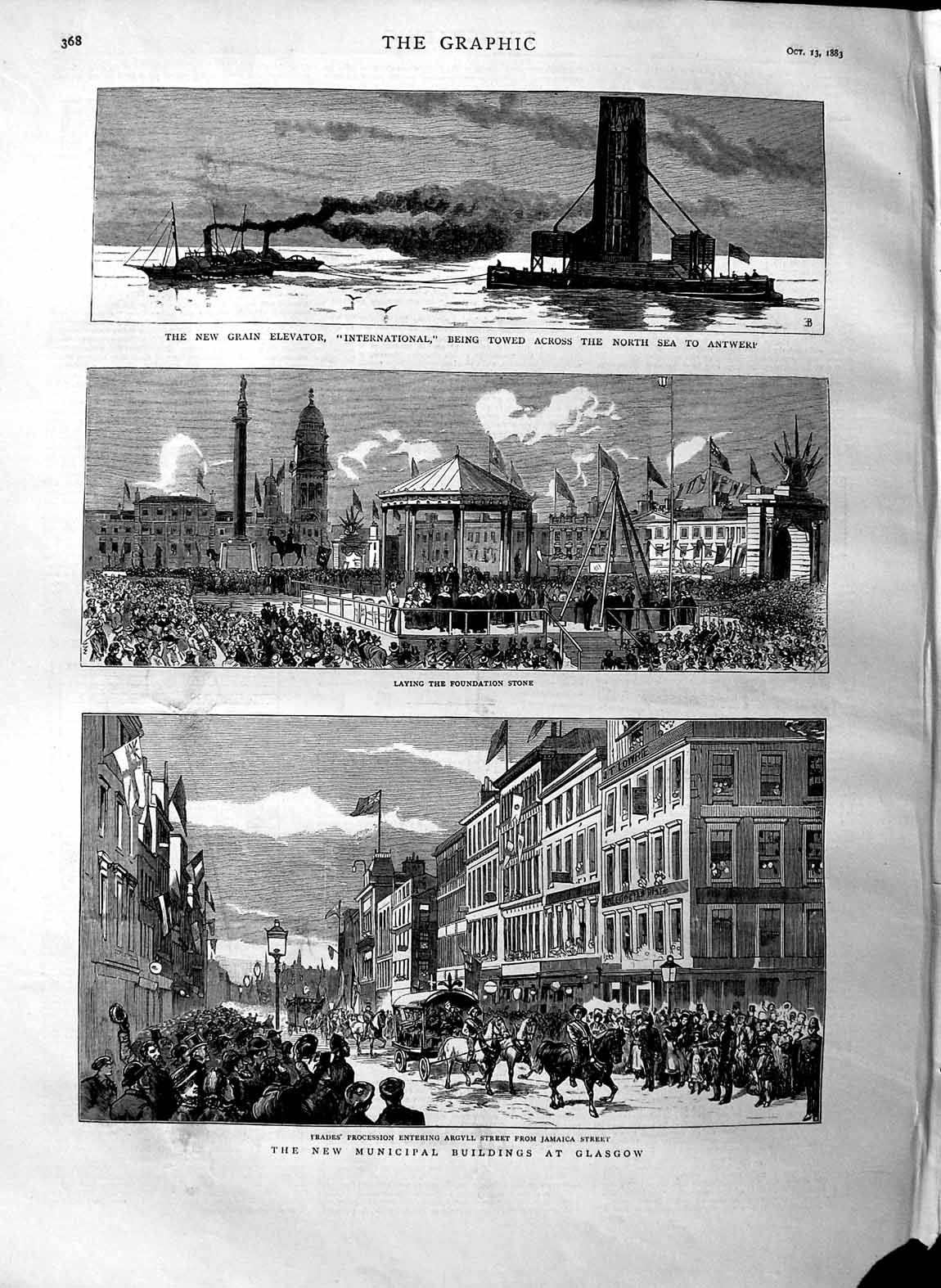 Old Antique Print 1883 Argyll Street Glasgow Grain Elevator International 19th