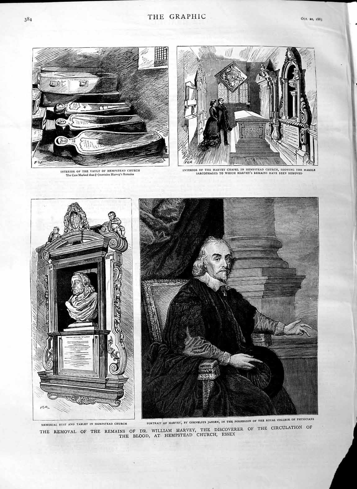 Original Old Antique Print 1883 William Harvey Physician Blood Hempstead 19th