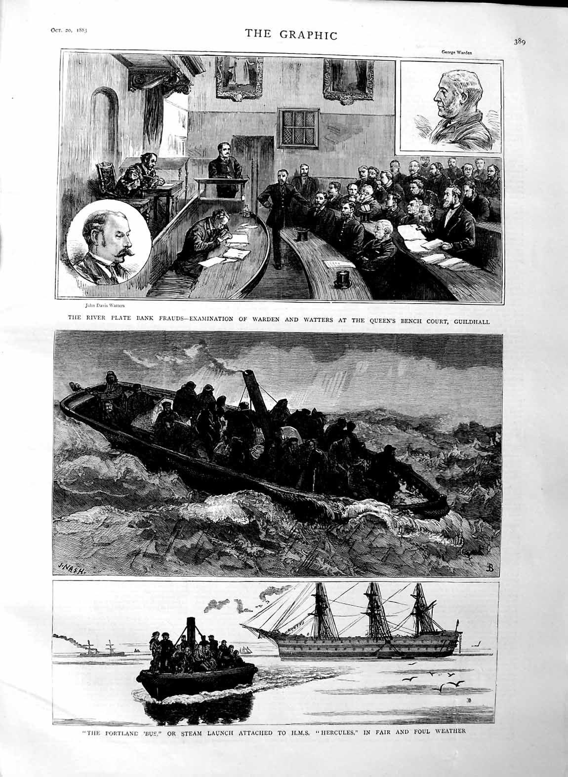 Old Antique Print 1883 Ship Hercules Portland Bus Watters Bank Fraud Art 19th