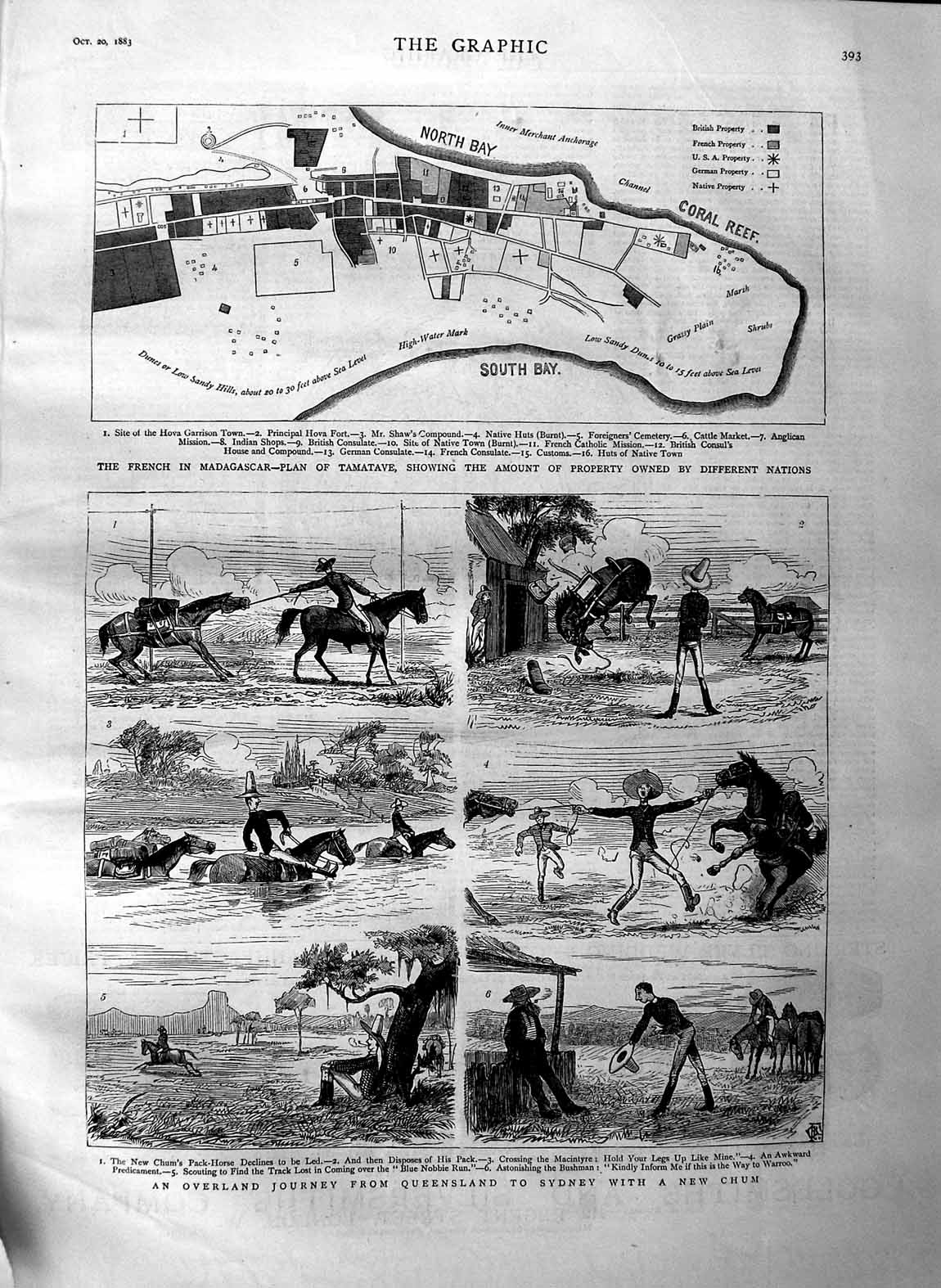 Original Old Antique Print 1883 Madagascar Plan Tamatave Travelling Australia