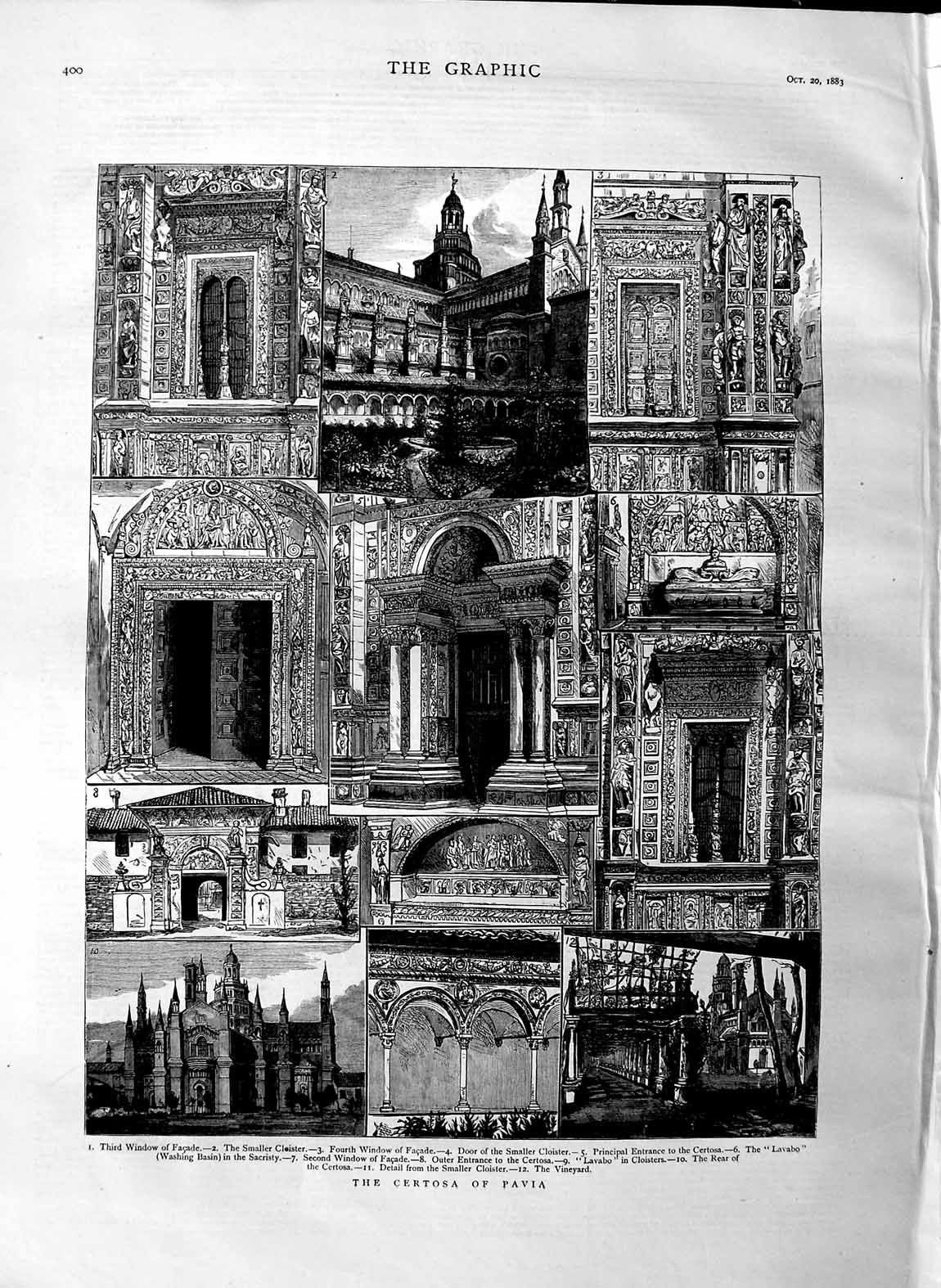 Original Old Antique Print 1883 Certosa Pavia Architecture Cloister Lavabo 19th